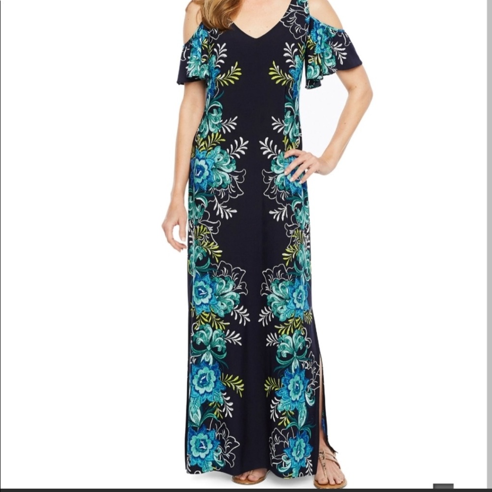MSK Short Sleeve Cold Shoulder Floral Puff Print Maxi Dress XL blue slit women's